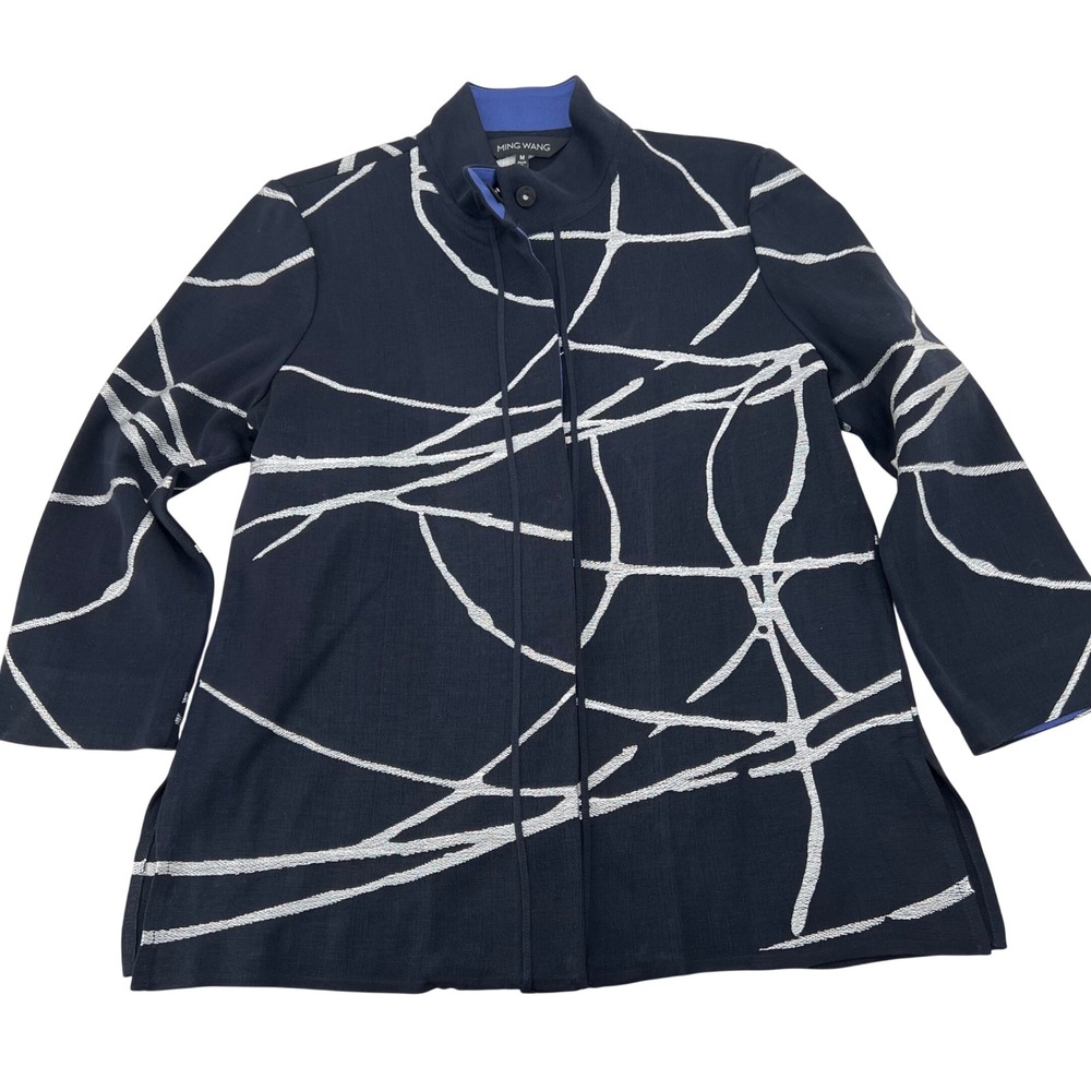 Ming Wang Navy Abstract Print Blue Collar Snap Front Knit‎ Jacket Women's Medium